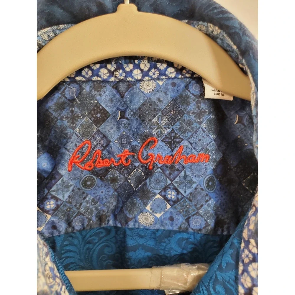 Robert Graham Shirt Mens Large Blue Classic‎ Fit Short Sleeve Paisley Cotton